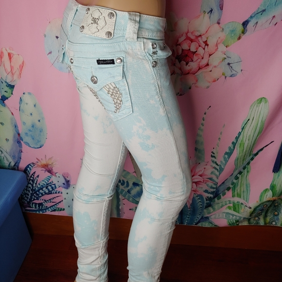 Miss Me ☆ Custom Baby Blue White Tie Dye Bling Wings Rhinestone Skinny Jeans 26 - Picture 14 of 15